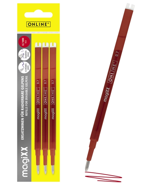 Recharge stylo gel Online Magixx 0,7mm rouge blister 3 pièces