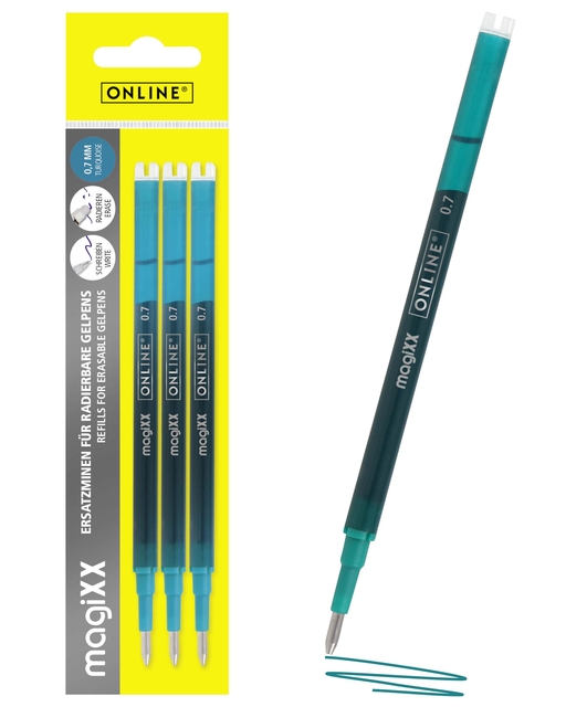 Recharge stylo gel Online MagiXX 0,7mm turquoise blister 3 pièces