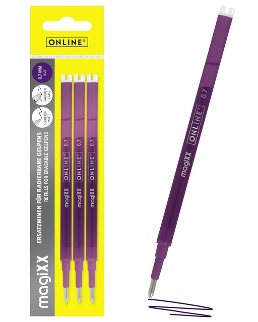 Recharge stylo gel Online MagiXX 0,7mm violet blister 3 pièces