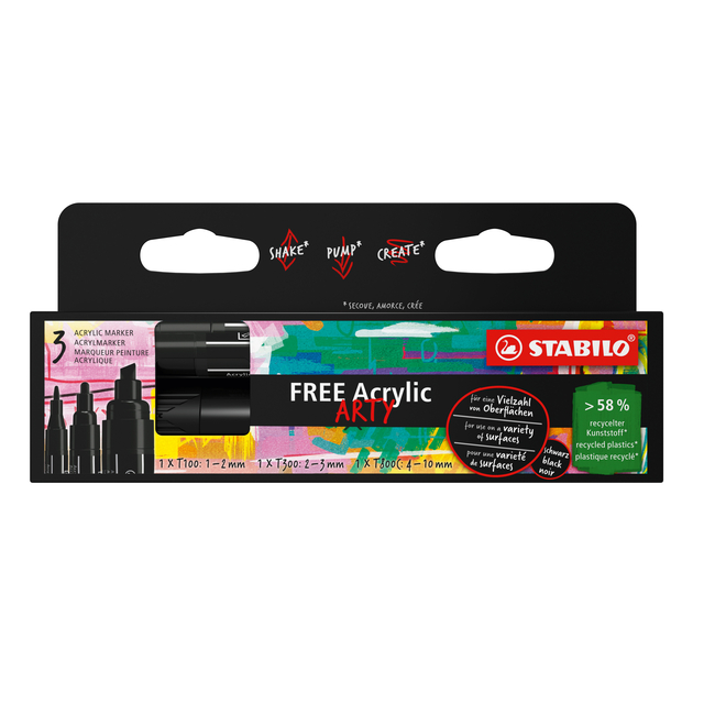 Marqueur peinture STABILO Free Acrylic Mixed Tip set 3 largeurs noir