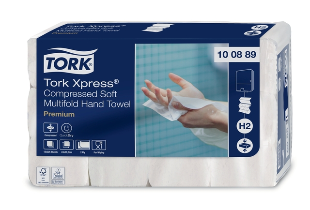 Essuie-mains Tork H2 Xpress compressé Premium 100889 Multifold 2 ép 212x240mm 12x 225fls blanc