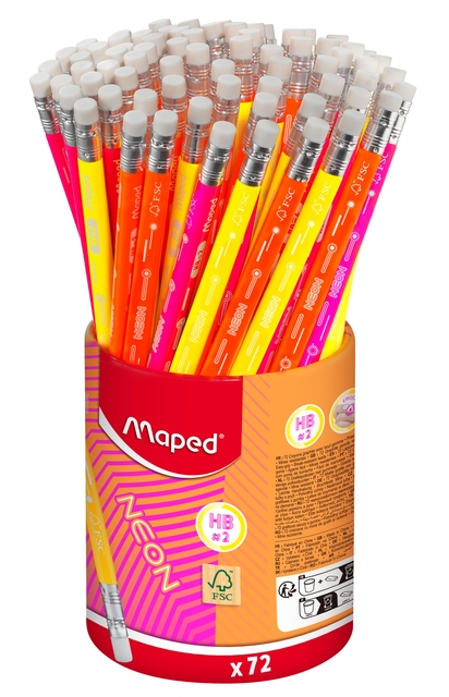 Grafietpotlood Maped Neon met gum pot à 72 stuks assorti