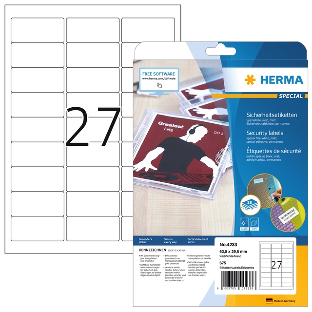 Veiligheidsetiket HERMA 4233 63.57x29.6mm wit 675 etiketten