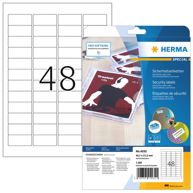 Veiligheidsetiket HERMA 4232 45.7x32.2mm wit 1200 stuks