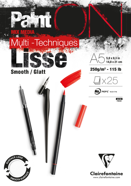 Bloc à dessin Clairefontaine Paint On A5 lisse 25 feuilles 250g blanc