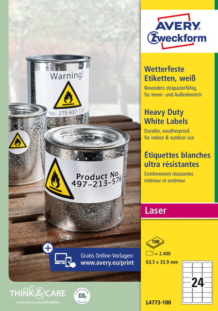 Etiket Avery Zweckform L4773-100 63.5x33.9 2400 etiketten