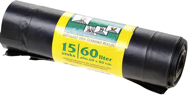 Sac poubelle Komo 60L à lien coulissant noir rouleau 15 pièces