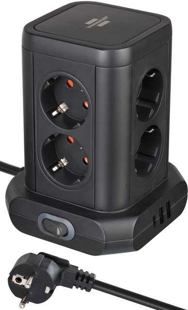 Stekkerdoos Brennenstuhl toren 8 voudig met 2x USB A 1x USB C PD zwart