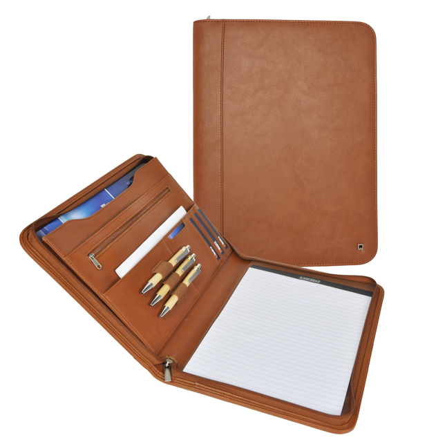 Conférencier DESQ A4 simili cuir à fermeture éclair brun