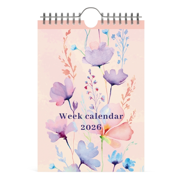 Weekkalender 2026 Lannoo 155x220 Flowers watercolour 7dagen/1pagina roze