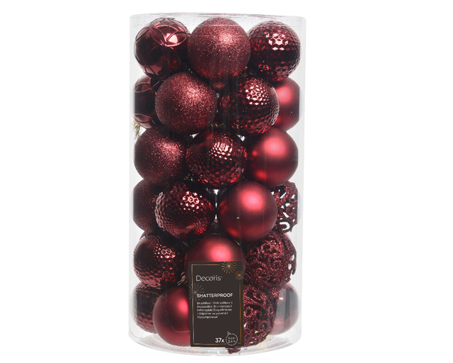 Boule de Noël Decoris assorti rouge sanguin tube 37 pièces