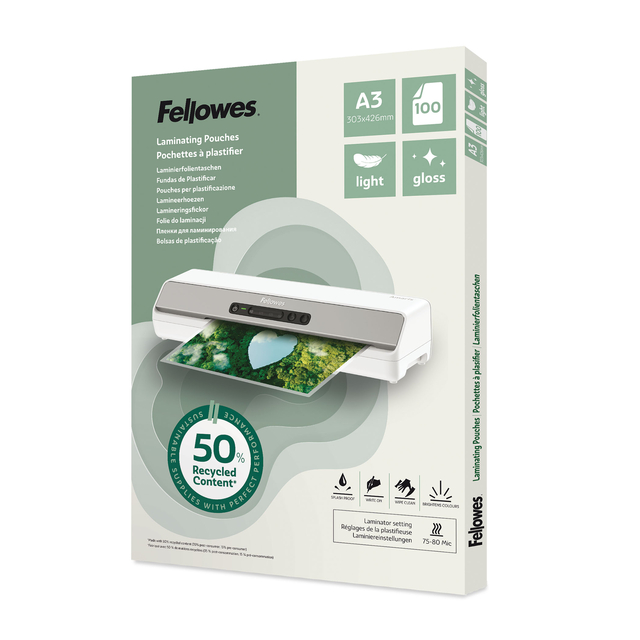 Pochette de plastification Fellowes A3 light 50% recyclé brillant 100 pièces