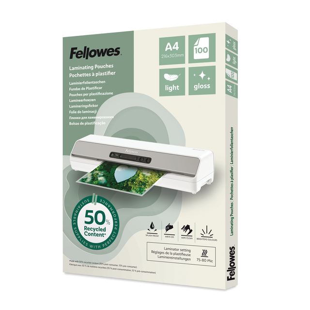 Pochette de plastification Fellowes A4 light 50% recyclé brillant 100 pièces