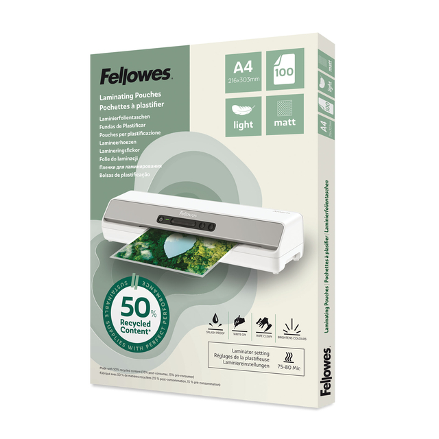Pochette de plastification Fellowes A4 light 50% recyclé mat 100 pièces