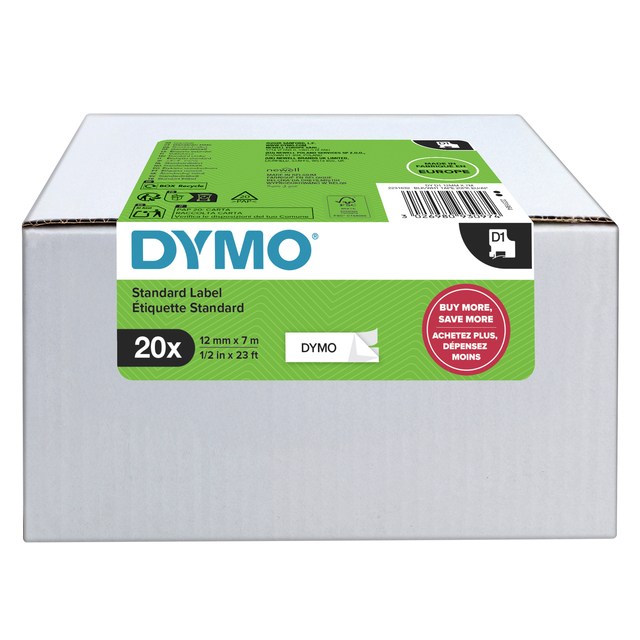 Ruban étiquettes Dymo LabelManager D1 polyester 12mmx7m blanc sur noir 20 pièces
