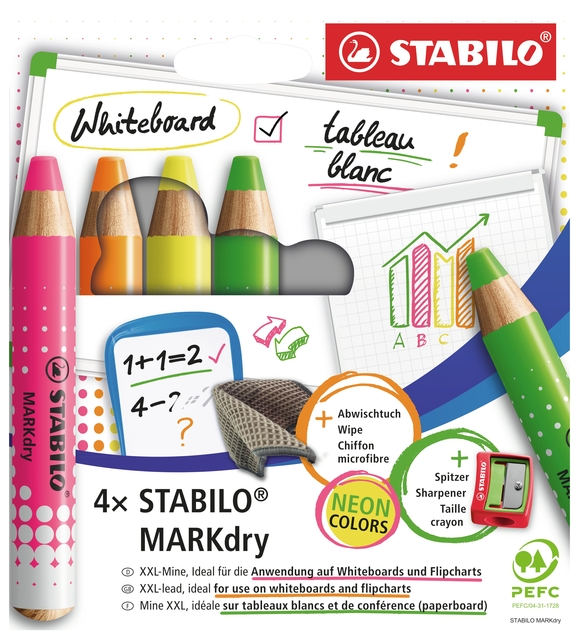Crayon tableau blanc STABILO MARKdry étui 4 couleurs néon