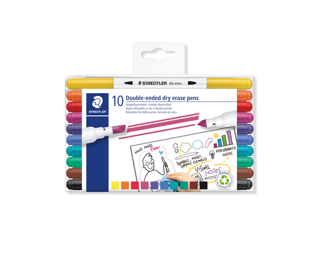 Marqueur tableau blanc Staedtler effaçable à sec double pointe set 10 couleurs