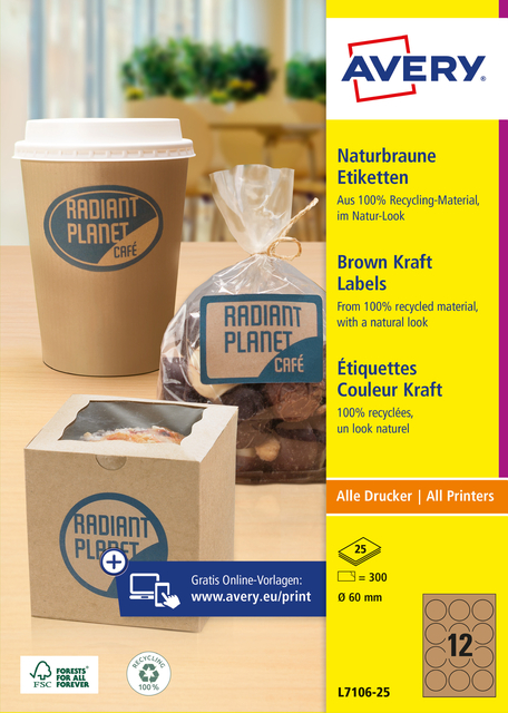 Etiquette Avery L7106-25 60mm kraft 300 pièces