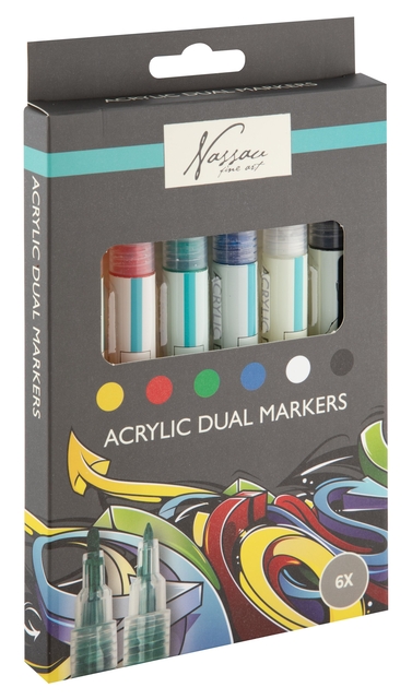 Marqueur acrylique Nassau double pointe set 6 couleurs