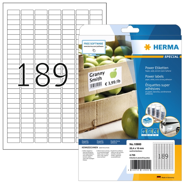 Etiquette HERMA Power 10900 25,4x10mm blanc 4725 pièces