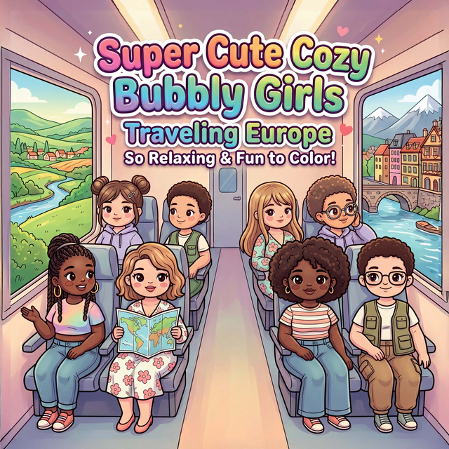 Livre de coloriage Cute Cozy Bubbly Girls Traveling