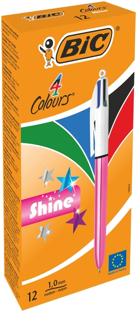 Stylo bille 4 couleurs BIC Shine Medium rose 12 pièces