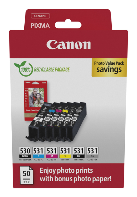 Inktcartridge Canon PGI-530 CLI-531 2 x zwart + 4 kleuren