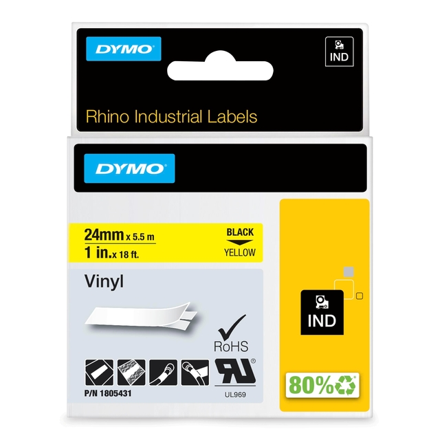 Ruban d'étiquetage Dymo Rhino Industriel vinyle 24mm noir sur jaune