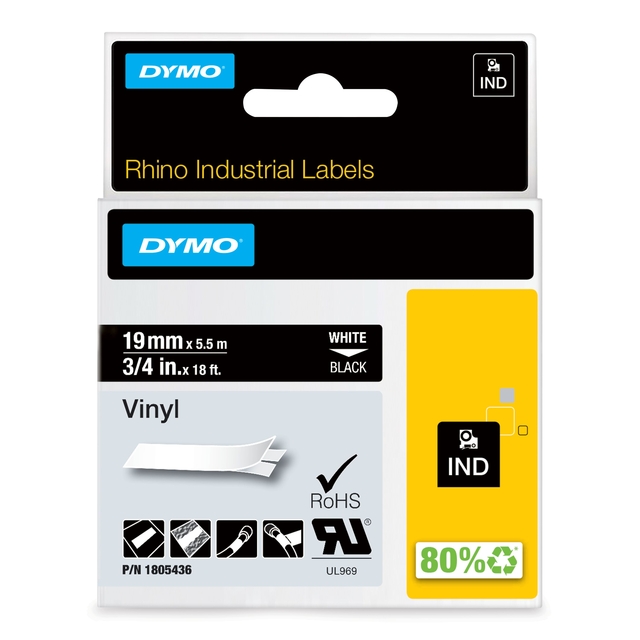 Ruban d'étiquetage Dymo Rhino Industriel vinyle 19mm blanc sur noir