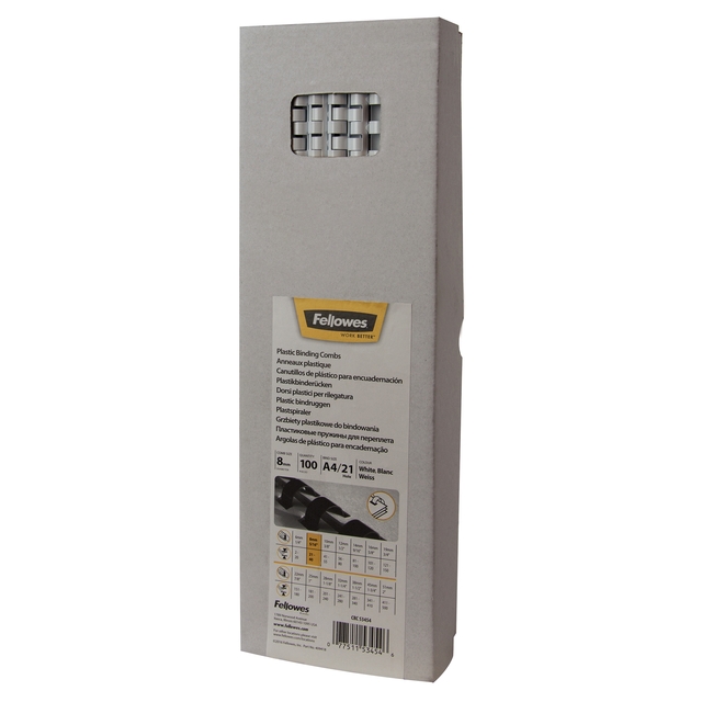 Bindrug Fellowes 8mm 21rings A4 wit 100 stuks