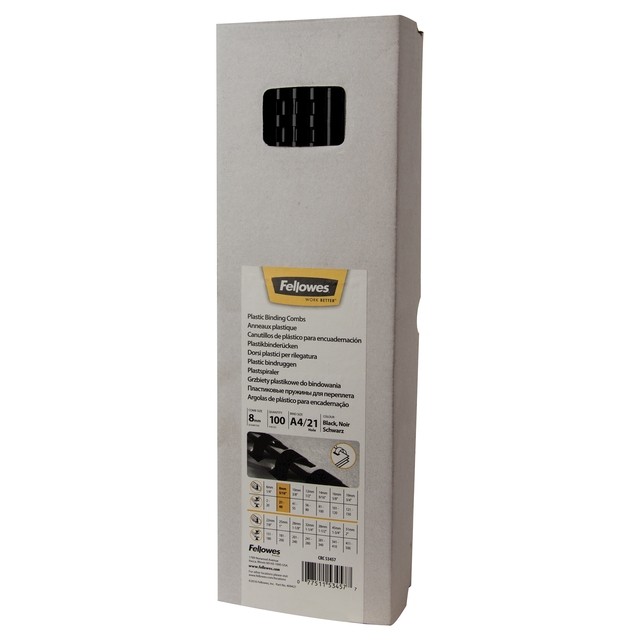 Reliure Fellowes 8mm 21 anneaux A4 noir 100 pièces