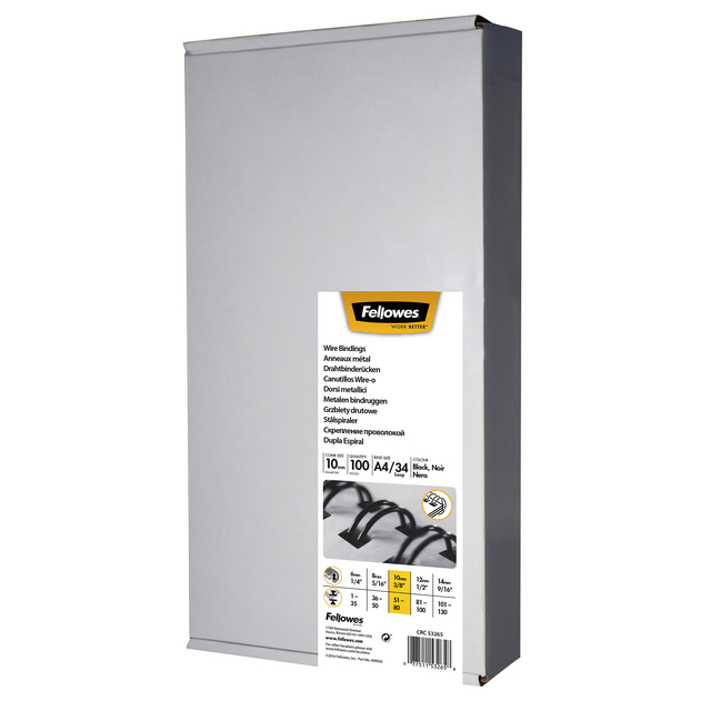 Peigne métallique Fellowes 10mm 34 anneaux A4 noir 100 pièces