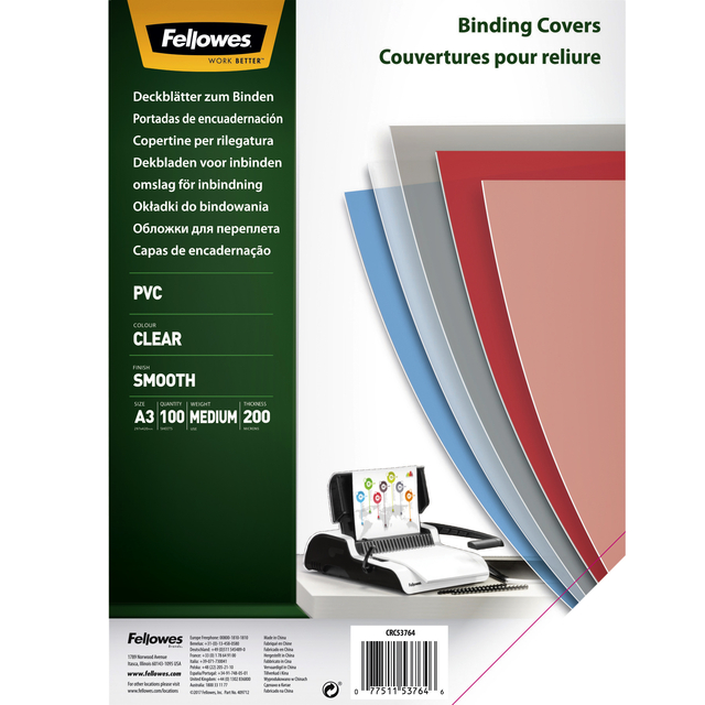 Couverture Fellowes A3 PVC 200 micron transparent 100 pièces