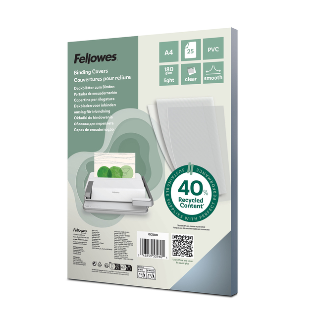 Couverture Fellowes A4 PVC 180 micron recyclé 25 pièces