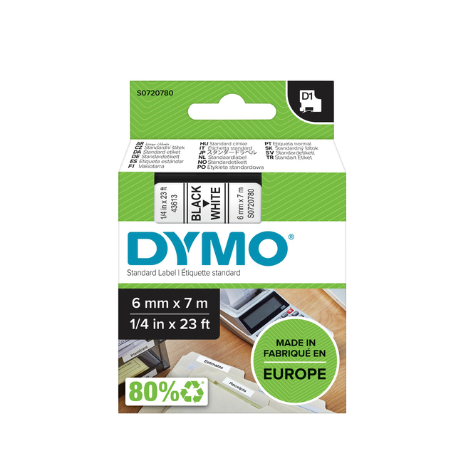 Ruban Dymo LAbleManager D1 polyester 6mmx7m noir sur blanc
