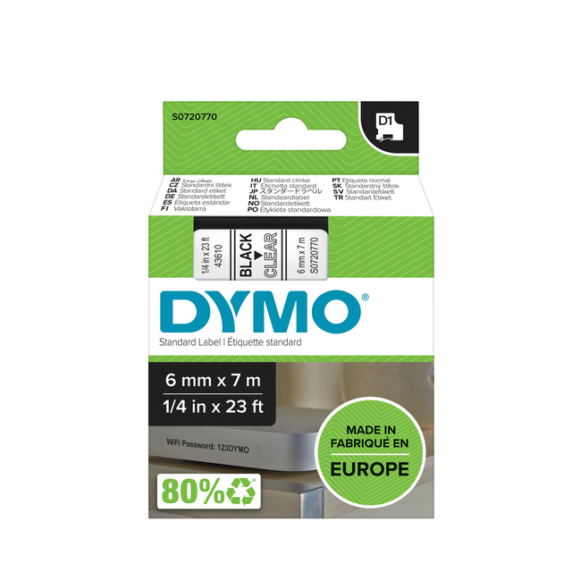 Ruban Dymo LabelManager D1 polyester 6mmx7m noir sur transparent