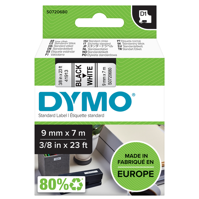 Ruban Dymo LabelManager D1 polyester 9mmx7m noir sur blanc