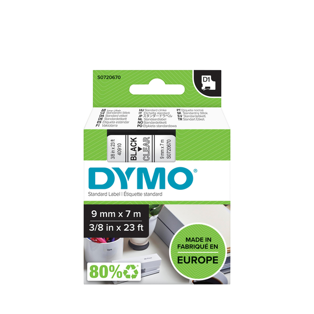 Ruban Dymo LabelManager D1 polyester 9mmx7m noir sur transparent