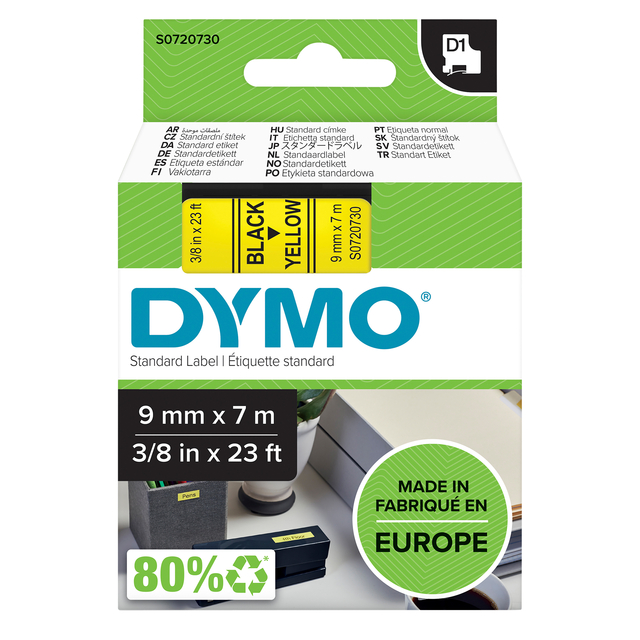 Ruban étiquettes Dymo LabelManager D1 polyester 9mmx7m noir sur jaune