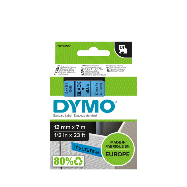 Ruban Dymo LabelManager D1 polyester 12mmx7m noir sur bleu