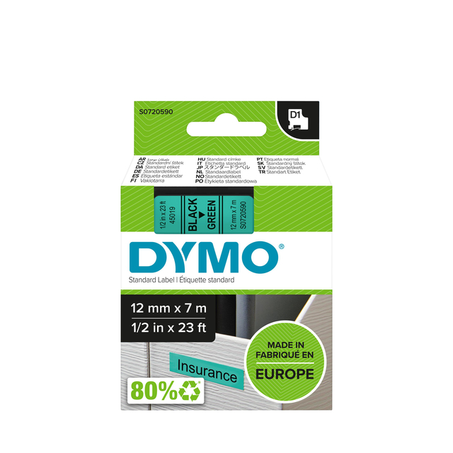 Ruban Dymo LabelManager D1 polyester 12mmx7m noir sur vert