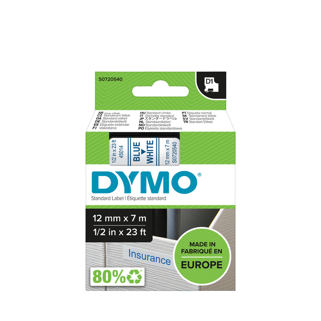Ruban Dymo LabelManager D1 polyester 12mmx7m bleu sur blanc