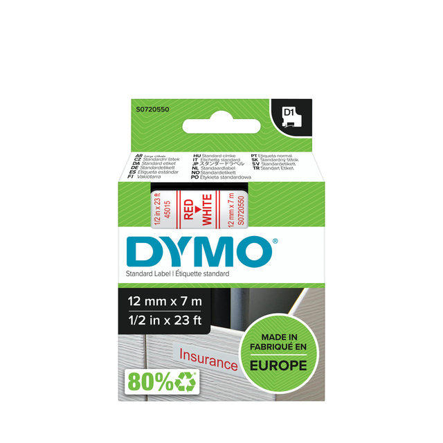 Ruban Dymo LabelManager D1 polyester 12mmx7m rouge sur blanc