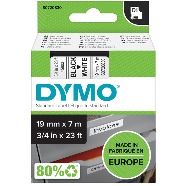 Labeltape Dymo LabelManager D1 polyester 19mmx7m zwart op wit