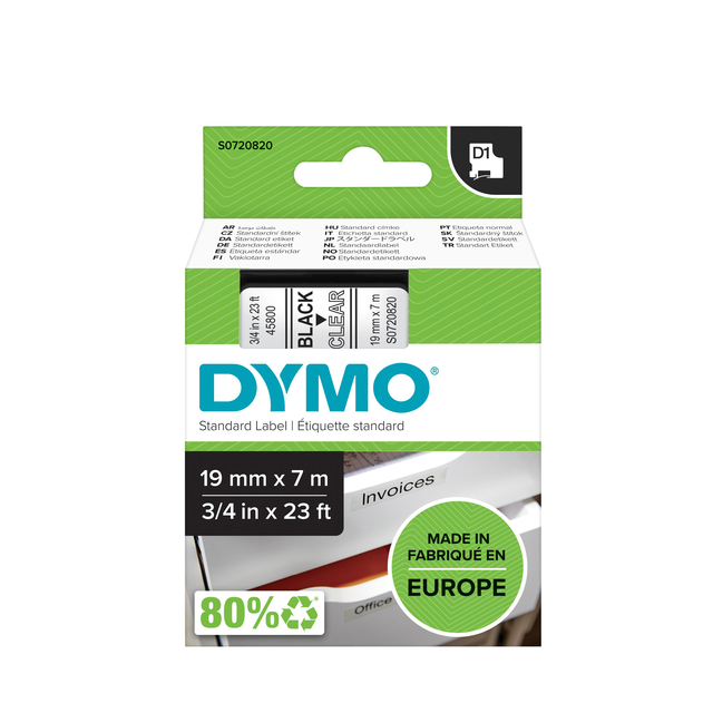 Ruban Dymo LabelManager D1 polyester 19mmx7m noir sur transparent