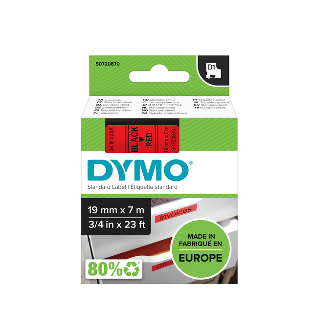 Ruban étiquettes Dymo LabelManager D1 polyester 19mmx7m noir sur rouge