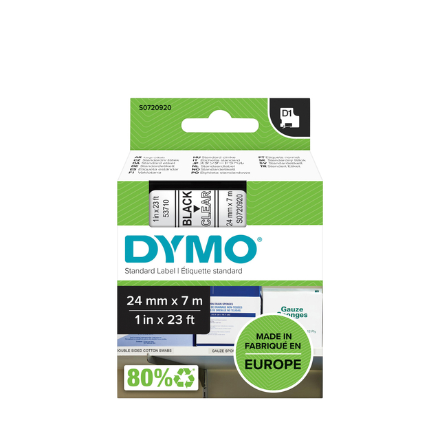 Ruban étiquettes Dymo LabelManager polyester D1 24mmx7m noir sur transparent