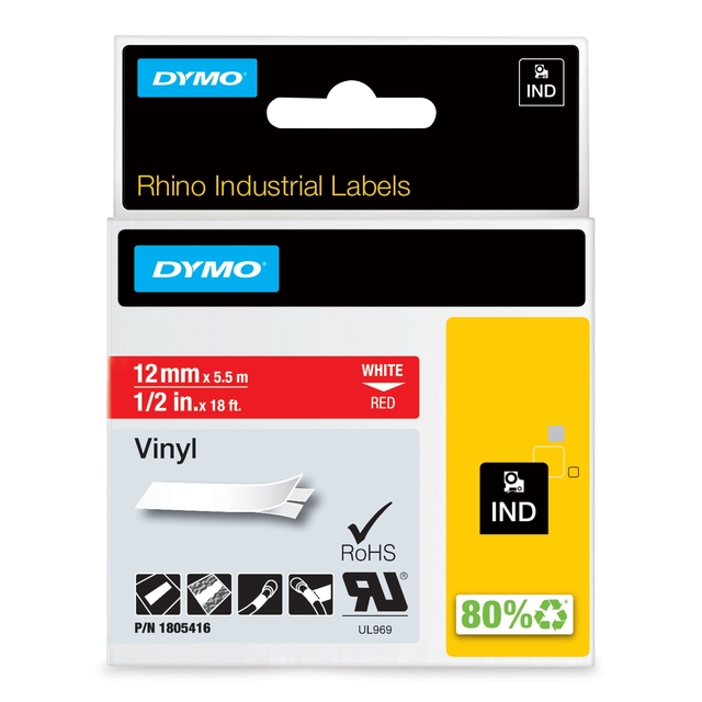 Labeltape Dymo Rhino industrieel vinyl 12mm wit op rood