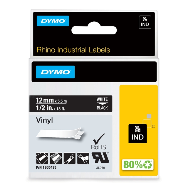 Ruban Dymo Rhino Industriel vinyle 12mmx5,5m blanc sur noir