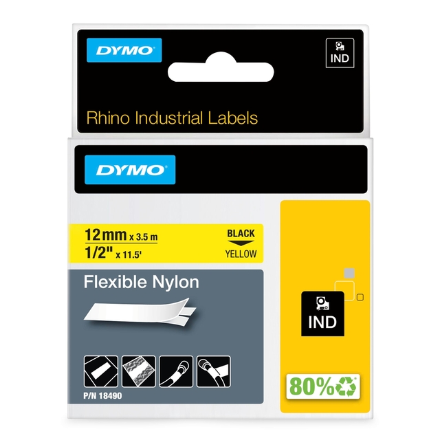Ruban Dymo Rhino Industriel nylon 12mmx3,5m noir sur jaune
